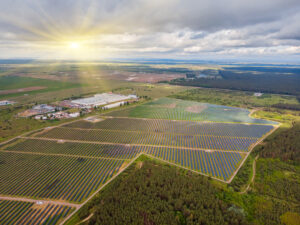 solar power plant field aerial view solar panels.