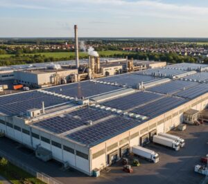 Solar panels installed on a large warehouse roof.